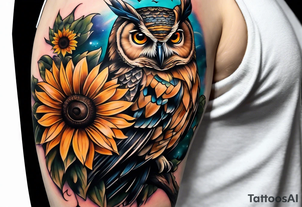 Sleeve with an owl, sunflower and butterfly tattoo idea
