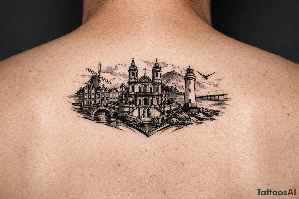 I wanted arm tattoo that reminds me of my three favourite places. I've lived the cities of Amsterdam and Braga and New Brighton in Wallasey tattoo idea