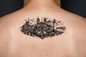 I wanted arm tattoo that reminds me of my three favourite places. I've lived the cities of Amsterdam and Braga and New Brighton in Wallasey tattoo idea