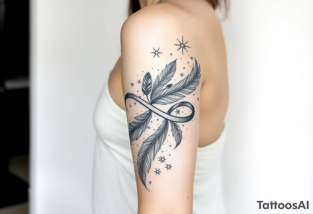 infinity symbol woven with floating feathers and stardust tattoo idea