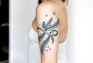 infinity symbol woven with floating feathers and stardust tattoo idea