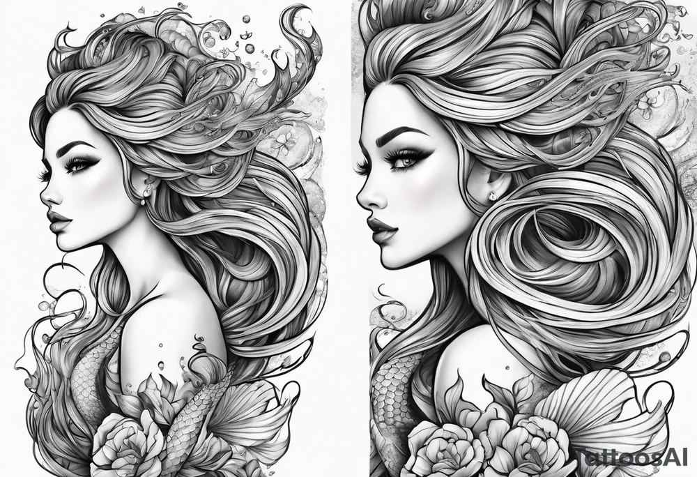 mystical sultery
 mermaid with long 
flowing tail and hair, tattoo sleeve tattoo idea