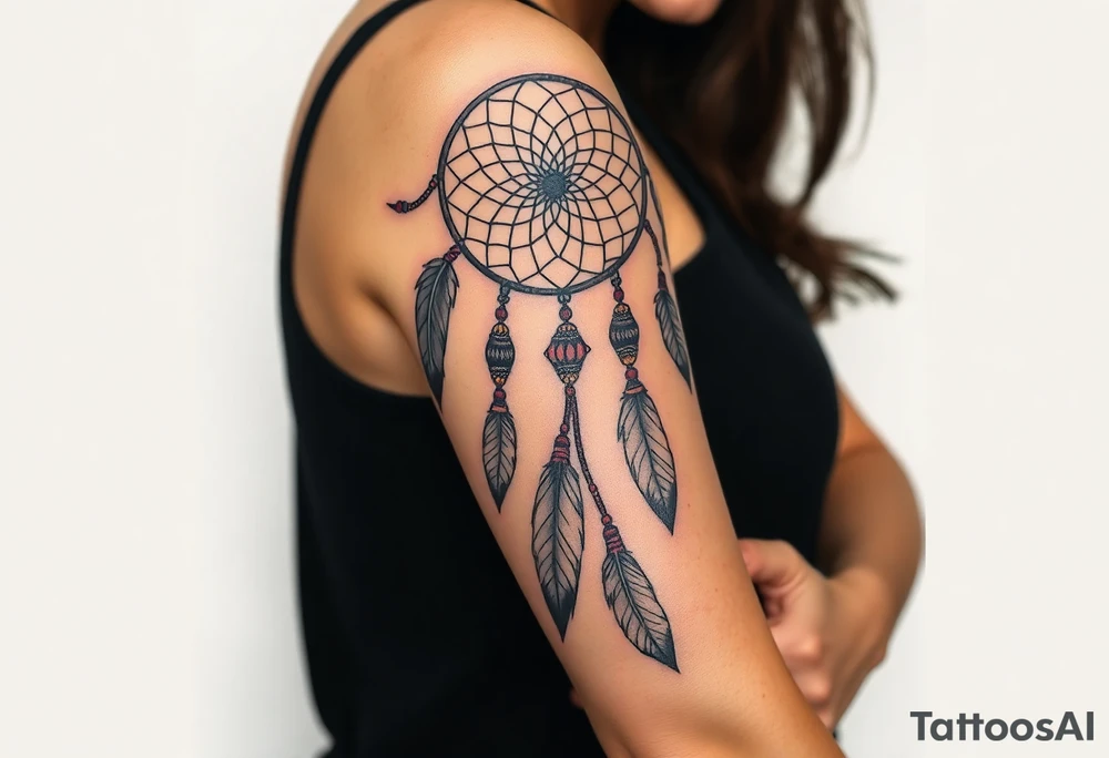 native dreamcatcher with flowing feathers and sacred beads tattoo idea
