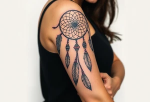 native dreamcatcher with flowing feathers and sacred beads tattoo idea