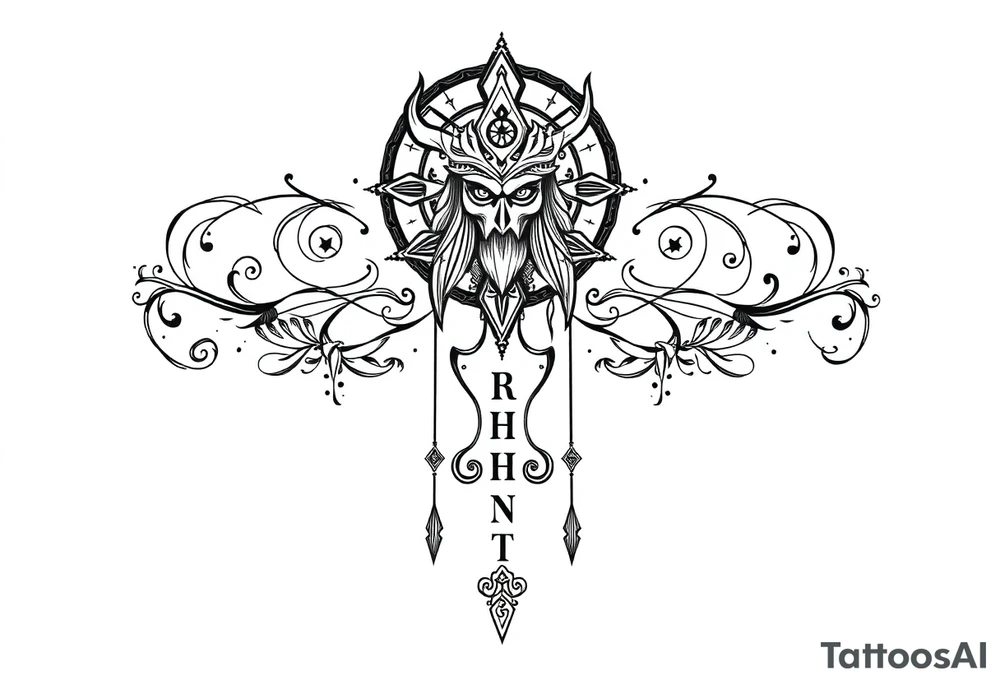mystical long ornament tattoo with shaman and witch style and ancient rhyme letters outside tattoo idea