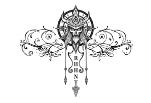 mystical long ornament tattoo with shaman and witch style and ancient rhyme letters outside tattoo idea