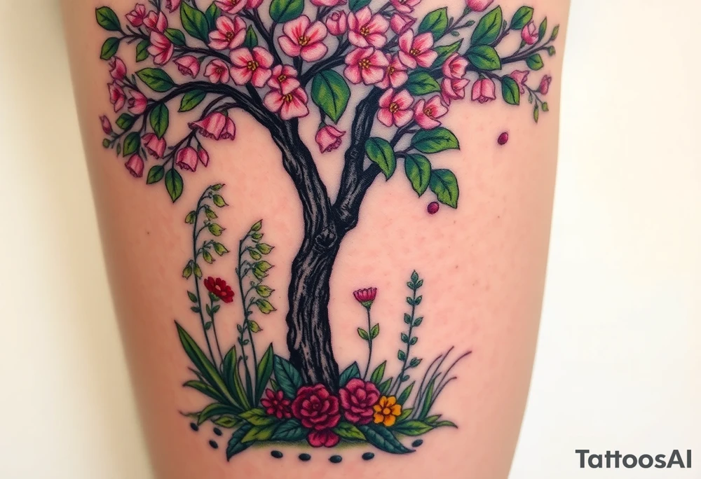 Lilly of the vally plants underneath a blooming hawthorn tree with other colorful plants on ground tattoo idea