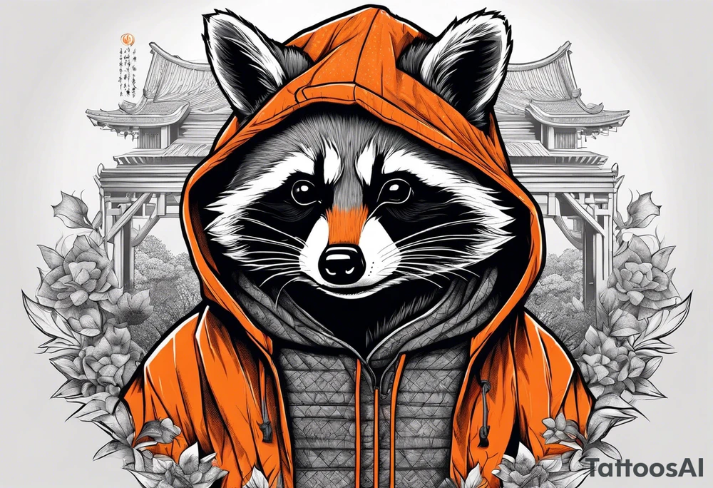 Raccoon wearing an orange Superman hoodie tattoo idea