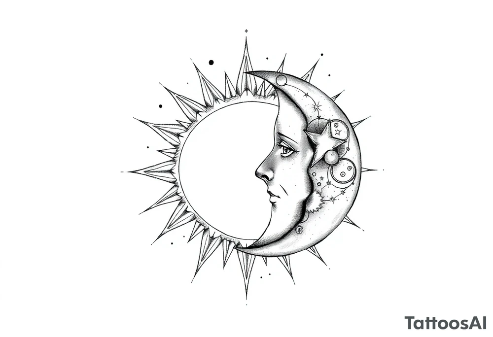 celestial sun and moon embrace with constellation patterns tattoo idea celestial sun and moon embrace with constellation patterns tattoo idea