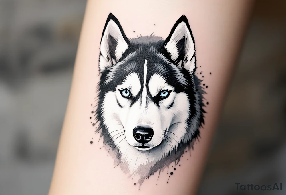 Majestic Husky Portrait – Realistic black and white husky with icy blue eyes, facing forward, detailed fur texture, with a soft gray watercolor background. tattoo idea