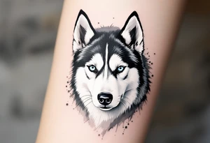 Majestic Husky Portrait – Realistic black and white husky with icy blue eyes, facing forward, detailed fur texture, with a soft gray watercolor background. tattoo idea