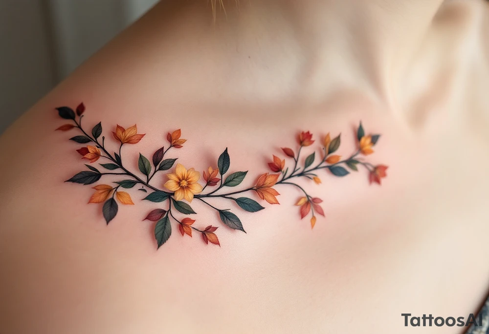 Two separate collarbone tattoos of long, stems and branches covered with red, orange, yellow and dark forest green leaves and flowers, fall themed, muted, delicate and gentle but moody, long and thin, following the collarbone. More muted, not so bright tattoo idea