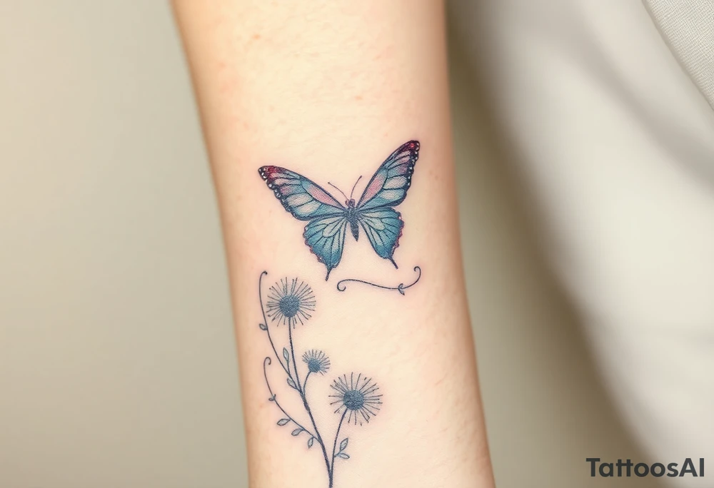 ethereal butterflies with flowing silk ribbons with vines of dandelions tattoo idea