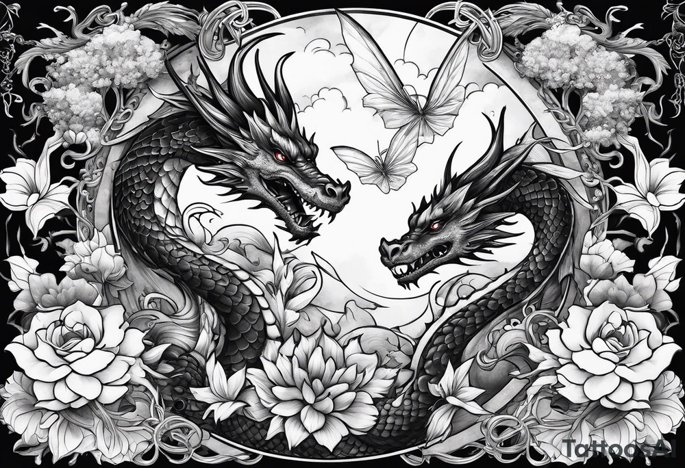 fairy and a dragon in the background tattoo idea