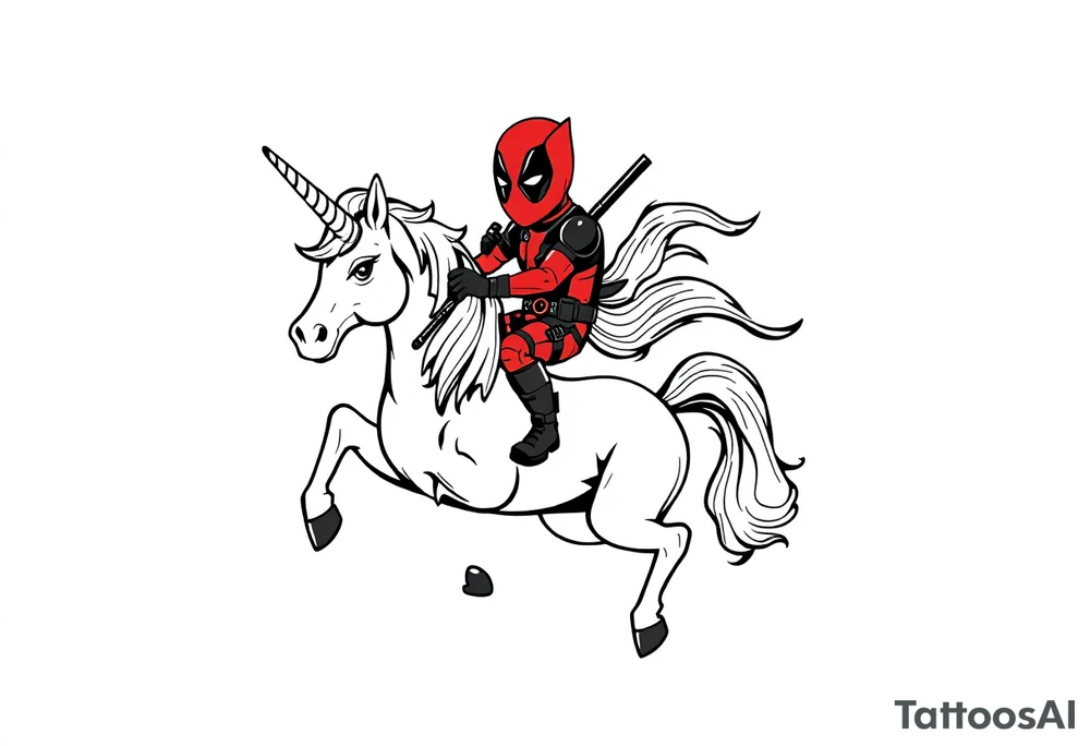 Deadpool riding cartoon unicorn tattoo idea