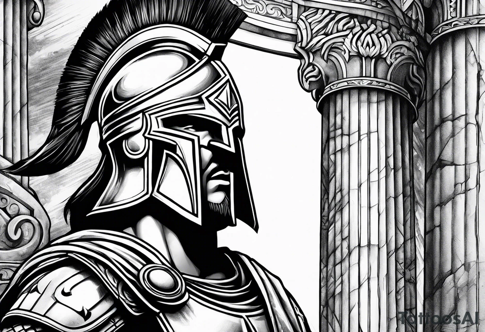 Close up of spartan solider looking left at far away Ancient pillars tattoo idea