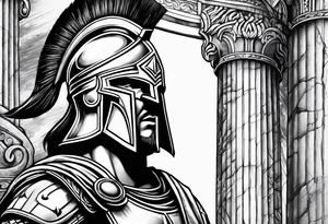 Close up of spartan solider looking left at far away Ancient pillars tattoo idea