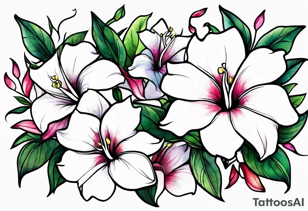 white background, abstract mandevilla flowers on a vine, part of it watercolor, part of it just line work tattoo idea