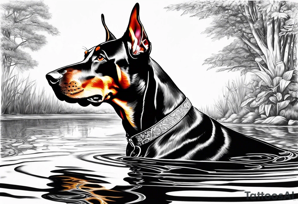 doberman looking into water reflection of puppy doberman tattoo idea