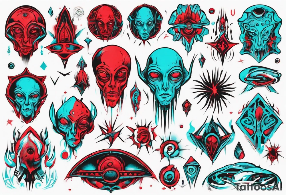 an art in the style of abstract, alien, lovecraft, textured pigment planes, red and cyan, stencil art tattoo idea