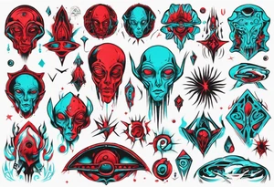 an art in the style of abstract, alien, lovecraft, textured pigment planes, red and cyan, stencil art tattoo idea