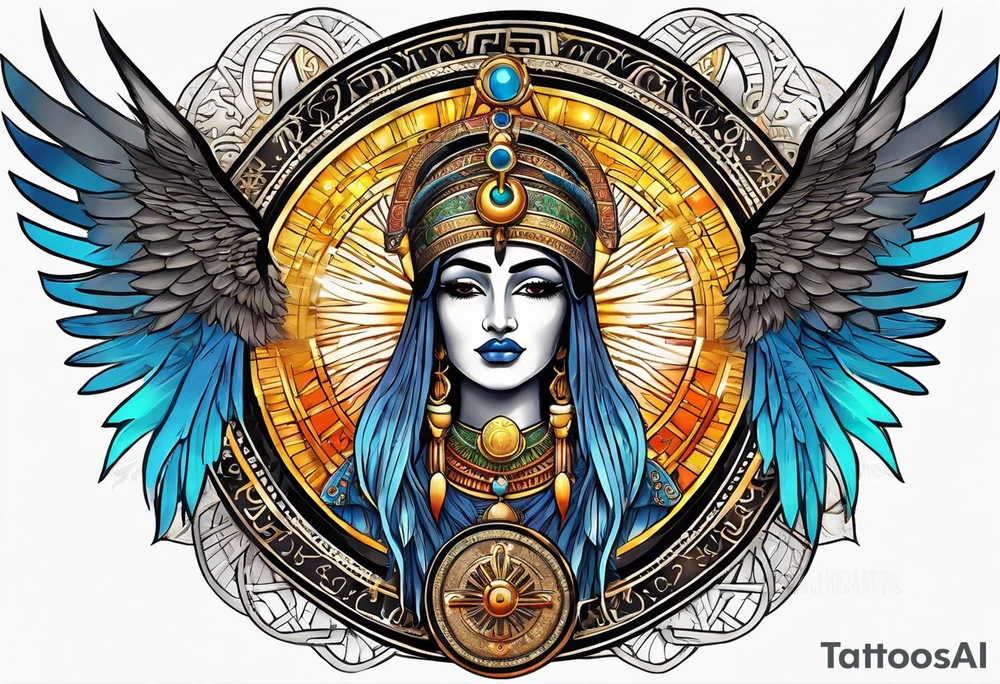 Isis (top center): With wings and the sun disc on her head, holding the ankh. tattoo idea