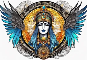 Isis (top center): With wings and the sun disc on her head, holding the ankh. tattoo idea