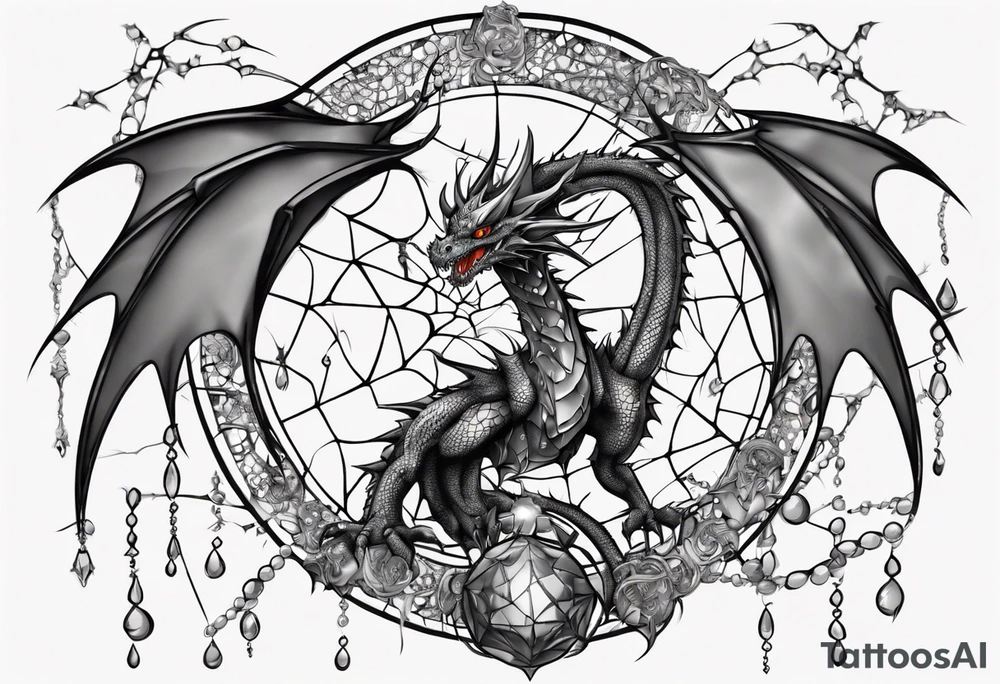 Dragon in a spiral spiderweb with jewels and shattered chalices and one spider tattoo idea