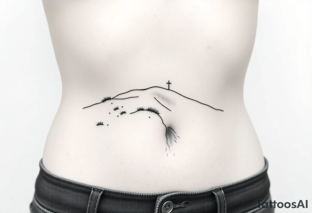 Landscape of sand dune and peasible sea (like in the north of France) in a minimalist style. We have to see the sea in the background tattoo idea