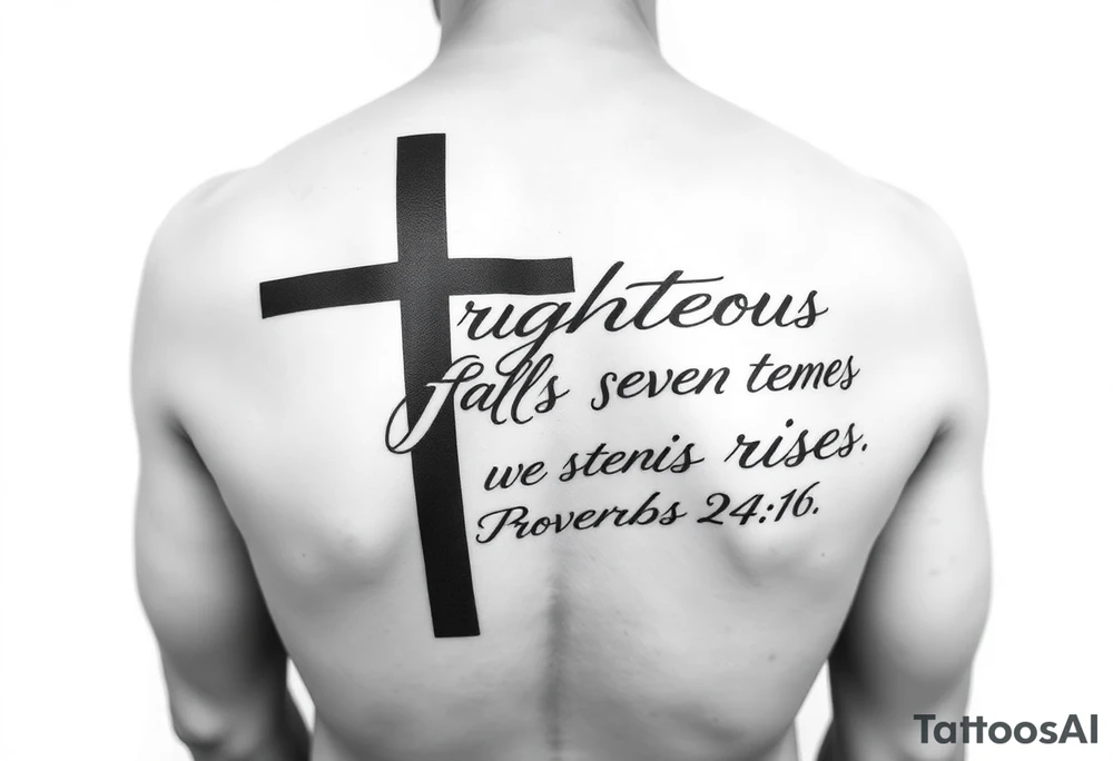 A top-of-forearm vertical tattoo stencil layout. A large, bold, solid black minimalist Christian cross acts as the central background anchor running the entire length of the design. Weaving gracefully over and around the hard lines of the cross is the full bible verse written in a heavy, legible Chicano-style cursive lettering: "For the righteous falls seven times and rises again. Proverbs 24:16". High-contrast blackwork, sharp linework, crisp text, on a completely blank stark white backdrop with zero clouds and zero gradient backgrounds. tattoo idea