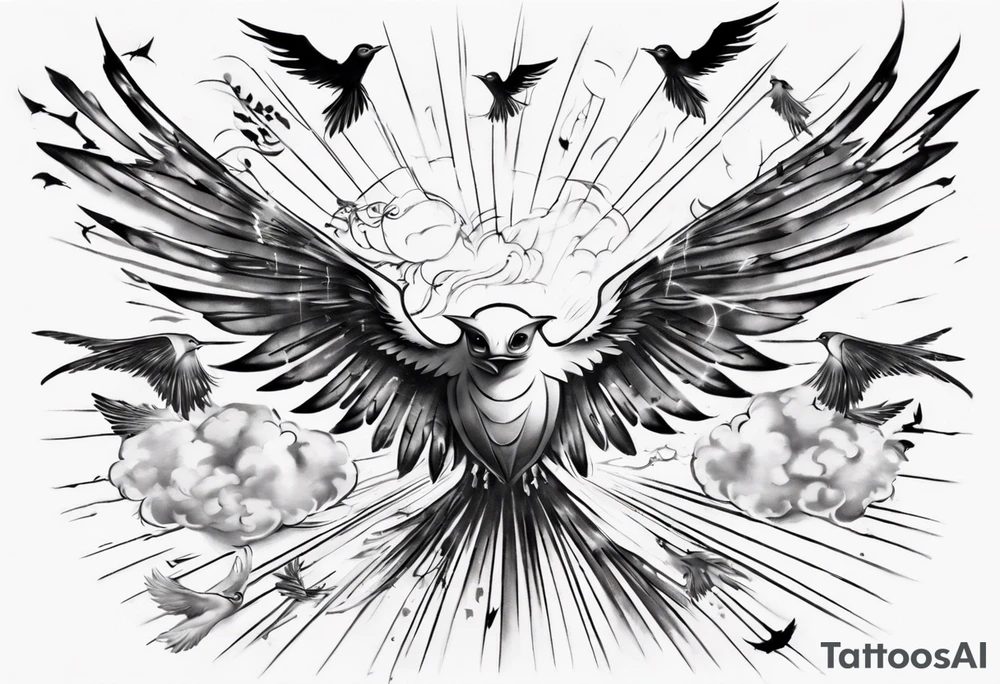 a shoulder tattoo with rays of light, clouds and birds flying free tattoo idea