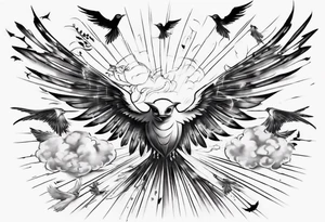 a shoulder tattoo with rays of light, clouds and birds flying free tattoo idea