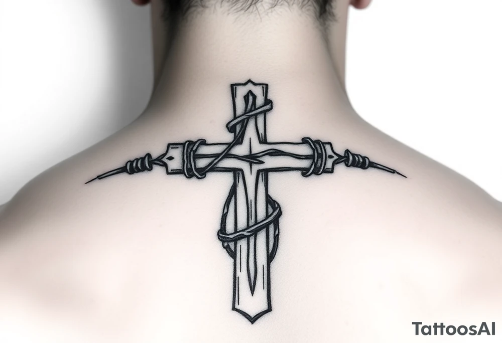 Cross wrapped in barb wire tattoo idea