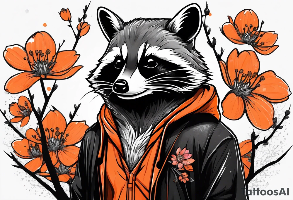 Raccoon wearing a white Superman logo on a black hoodie and orange Japanese cherry blossoms tattoo idea