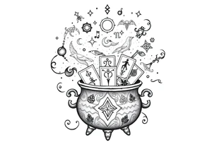 Milky way galaxy filled with zodiac symbols runes tarot cards coming out of a cauldron tattoo idea