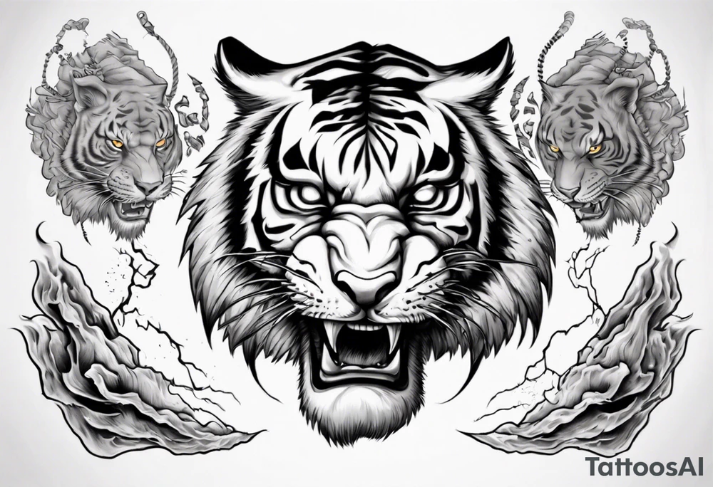 A tiger surrounded by lightning for a forearm sleeve. Alos leaving room for a symbol to be below the tiger tattoo idea