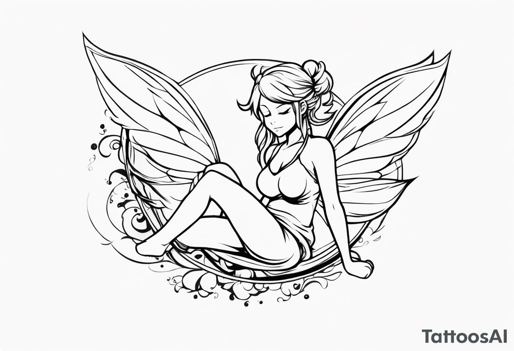 No color fairy with a tail inspired by the logo of the anime show called Fairy Tail in a fetal position leaning in and forward while in the air floating and sleeping tattoo idea