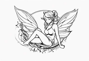No color fairy with a tail inspired by the logo of the anime show called Fairy Tail in a fetal position leaning in and forward while in the air floating and sleeping tattoo idea