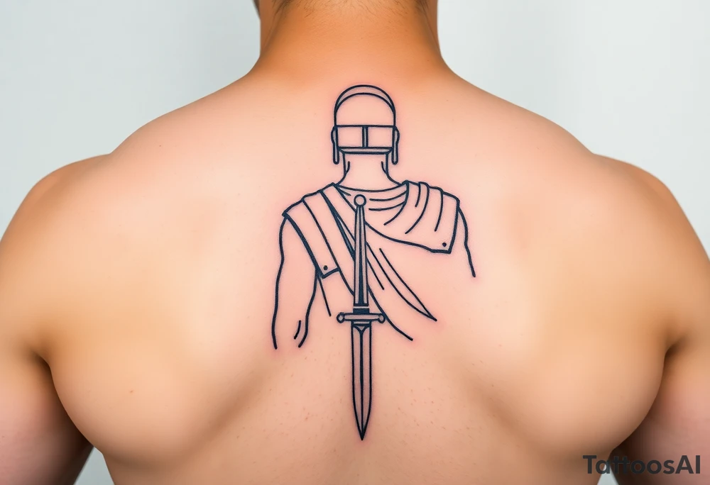roman gladiator from behind near an arena with a short sword in his hand tattoo idea
