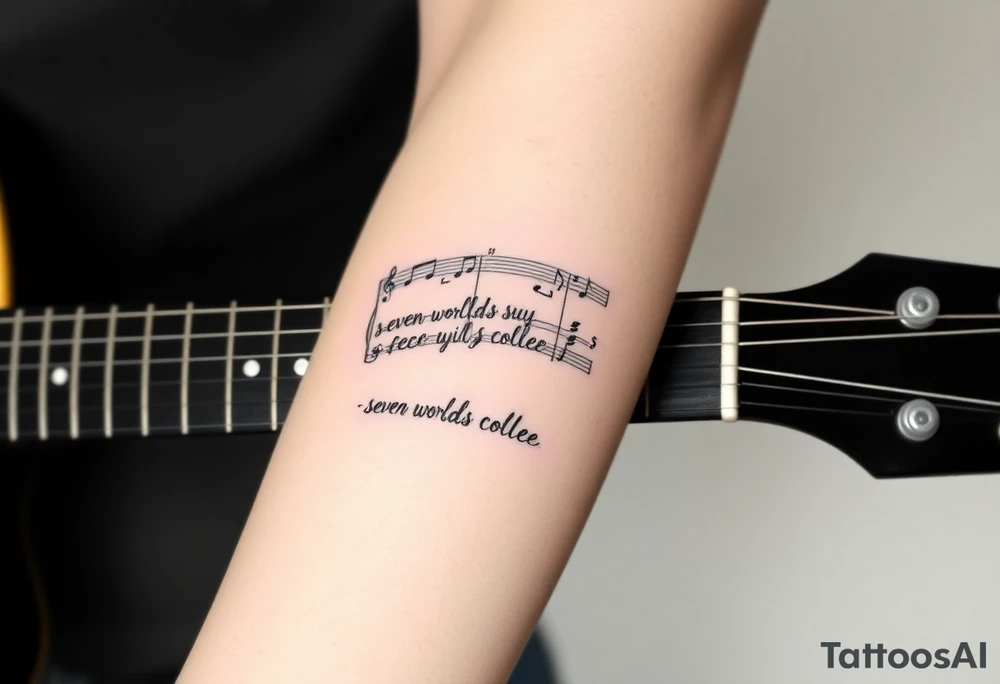 Gibson Les Paul guitar with the vocal sheet music for the song Distant sun by crowded house printed on the fret board of the guitar with the vocal music and the words to the line  of the song"Seven worlds will collide" tattoo idea