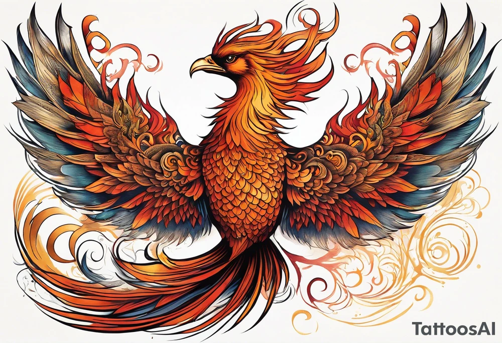 Tattoo: A powerful, majestic phoenix, depicted mid-flight or rising, with wings extended and feathers flowing. Deep shading and intricate details to bring out the texture and motion of the feathers. tattoo idea