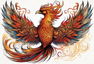 Tattoo: A powerful, majestic phoenix, depicted mid-flight or rising, with wings extended and feathers flowing. Deep shading and intricate details to bring out the texture and motion of the feathers. tattoo idea