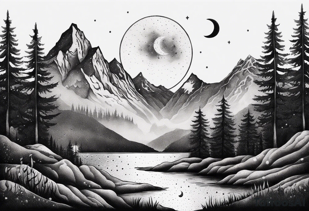 nature with mountains, waterfall, water, and a cross in the background and and moon/sun in the sky with stars tattoo idea