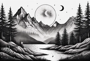 nature with mountains, waterfall, water, and a cross in the background and and moon/sun in the sky with stars tattoo idea
