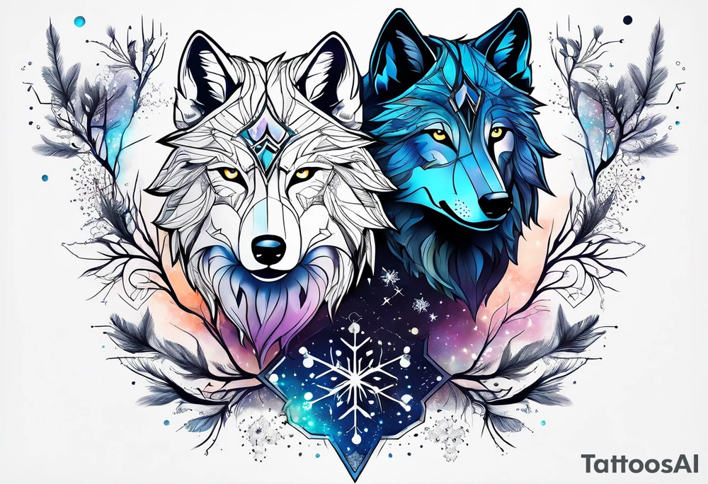 Constellation, two animal wolf, snowflake tattoo idea