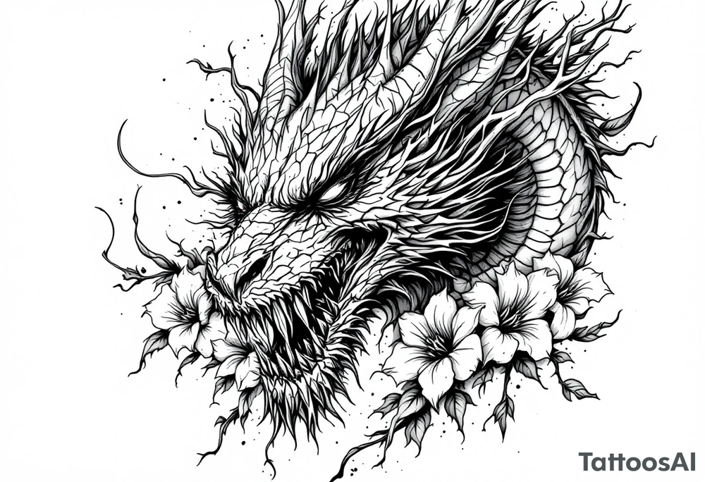 scary dragon face down with flowers tattoo idea