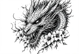 scary dragon face down with flowers tattoo idea