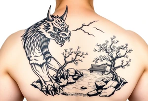Fierce Japanese oni with cherry blossom tree river and stone bench tattoo idea