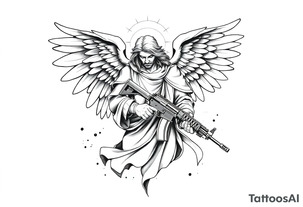 This black and grey tattoo sketch should depict Archangel Michael in a blend of realism and graphic art styles on a white background. The archangel is portrayed as a powerful, solemn warrior with large, detailed wings and flowing robes, creating a sense of movement and divine presence.

A striking element is the AK-47 assault rifle in his hands, merging sacred imagery with modern weaponry. The rifle should be detailed yet slightly stylized to maintain a balance between realism and bold graphic lines.

The focus remains entirely on Archangel Michael and his weapon, with no background elements. However, subtle ink splatters, dripping effects, or rough shading can add depth and intensity to the composition.

The shading technique should mix smooth gradients for realism with sharp, defined lines to create contrast and a strong visual impact. The final design should feel bold, dramatic, and symbolic, representing a divine warrior with a contemporary edge, embodying strength, protection, and justice. tattoo idea