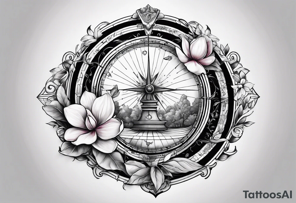 sundial with magnolia flowers tattoo idea